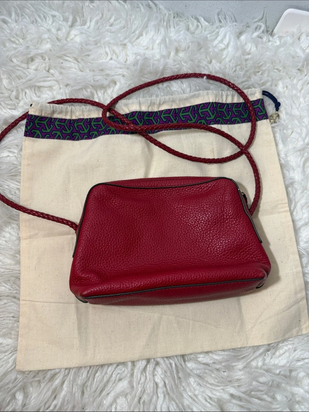 Tory Burch Deep Red Pebbled Leather Crossbody with Braided Strap small